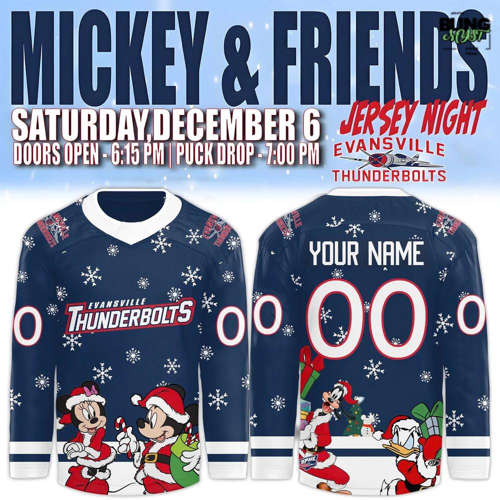 Evansville Thunderbolts Mickey Merry Christmas 2025 Hockey Jersey