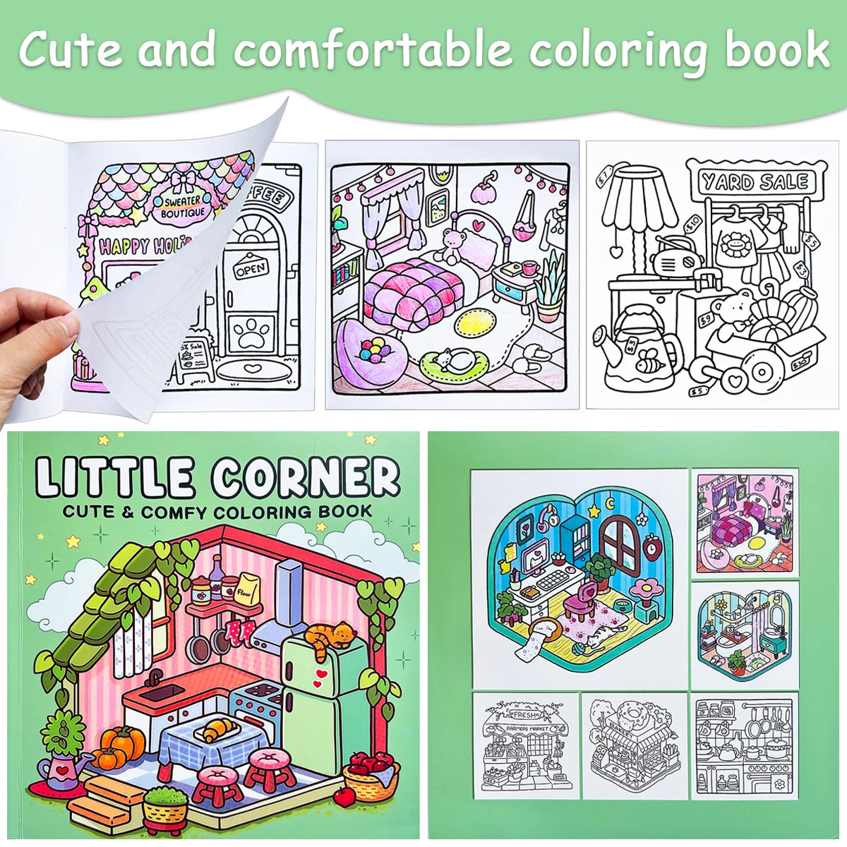 Kids & Adults Cute Coloring Book: Little Corner Theme, Cozy Home/Shop Drawings, Relaxing Art Therapy Book