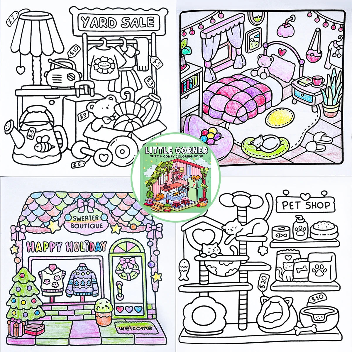 Kids & Adults Cute Coloring Book: Little Corner Theme, Cozy Home/Shop Drawings, Relaxing Art Therapy Book