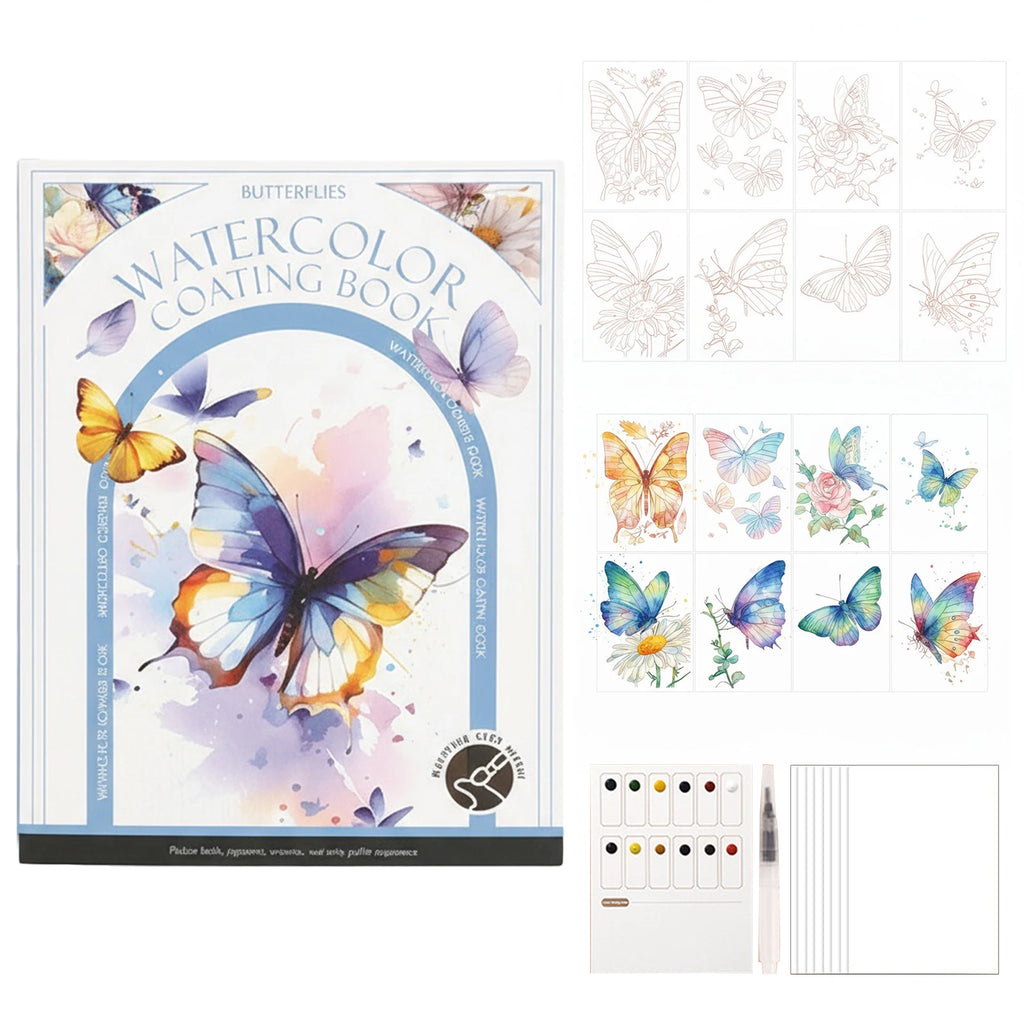 Watercolor Coloring Book Adults Water Color Paper Book Paint Set (Butterflies)