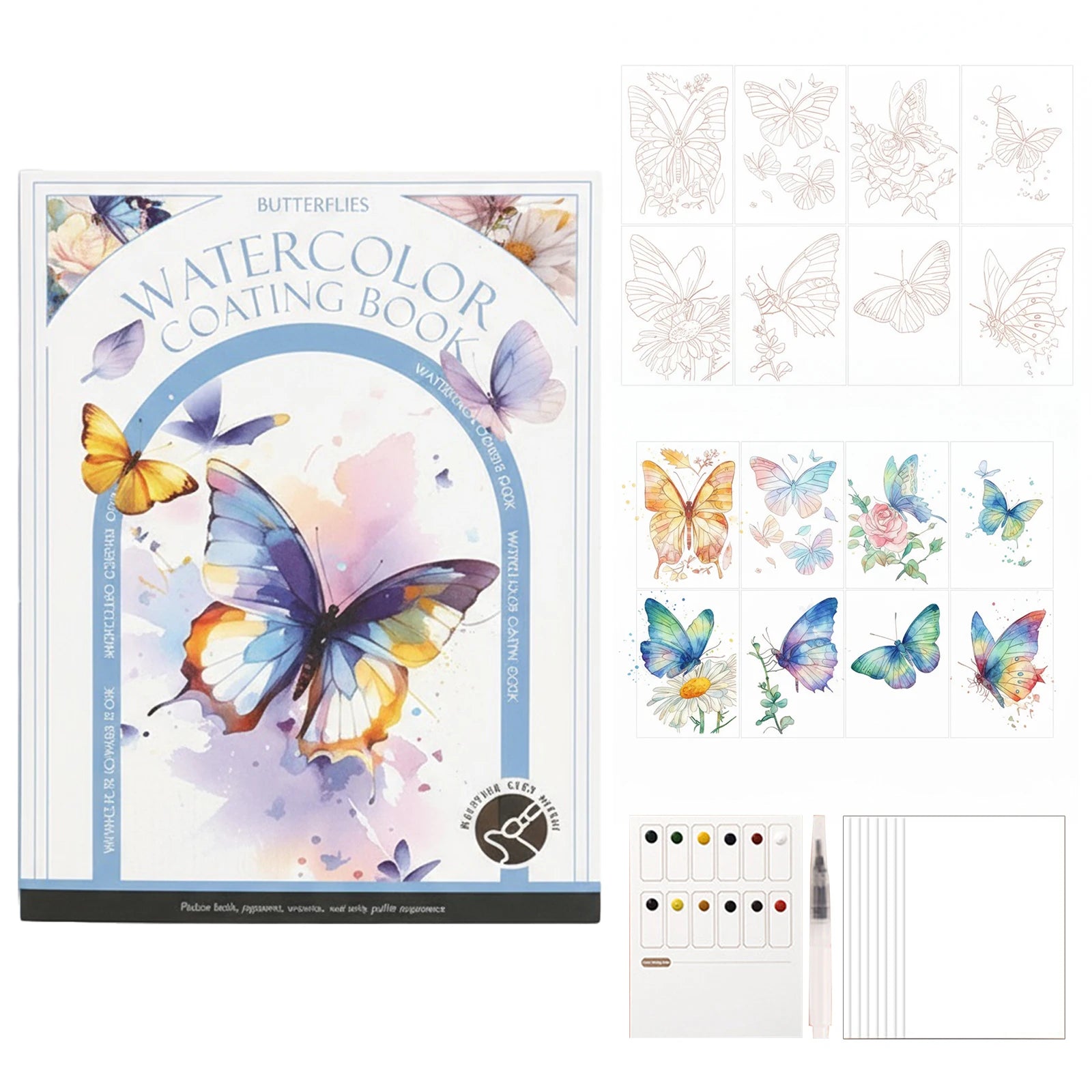 Watercolor Coloring Book Adults Water Color Paper Book Paint Set (Butterflies)